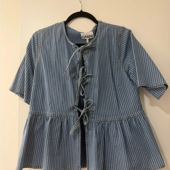 GANNI Light Stripe Denim Peplum Blouse - Picture 2 of 3